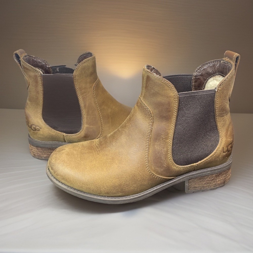 UGG BONHAM WATER RESISTANT BROWN STOUT BIKERS ANKLE BOOTS US‎ 7/ EU 38/ UK 5.5